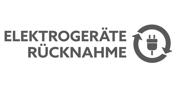 Logo aus dem Schriftzug "Elektrogeräterücknahme" und einem Piktogramm, das einen Stecker inmitten von zwei im Kreis laufenden Pfeilen zeigt