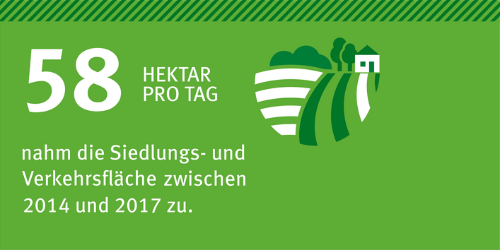 Grünes Feld mit Schriftzug: 58 Hektar pro Tag nahm die Siedlungs- und Verkehrsfläche zwischen 2014 und 2017 zu.