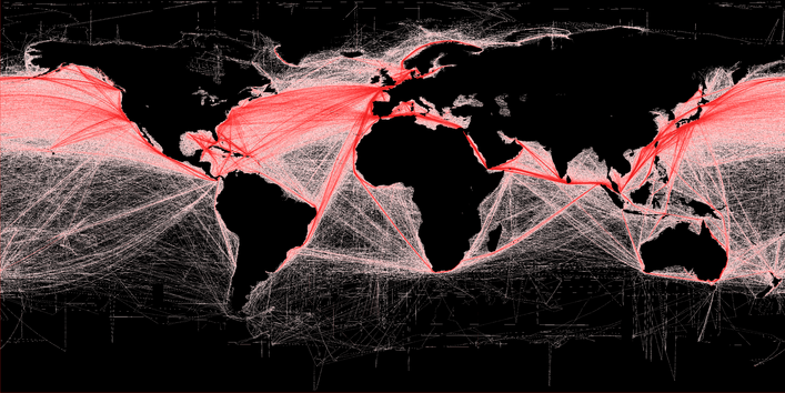 Map of human impact on marine ecosystems, global shipping routes 