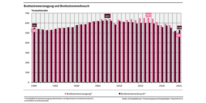 Ein Säulendiagramm zeigt die jährliche Bruttostromerzeugung und den jeweiligen Bruttostromverbrauch für die Jahre 1990 bis 2024. Bis 2022 lag die Stromproduktion über dem Verbrauch, in den Jahren 2023 und 2024 lag die Erzeugungsmenge niedriger als der Verbrauch, weil mehr Strom importiert wurde.