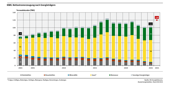 Das Balkendiagramm zeigt die Entwicklung der KWK-Nettostromerzeugung von 2003 bis 2024 für einzelne Energieträger.