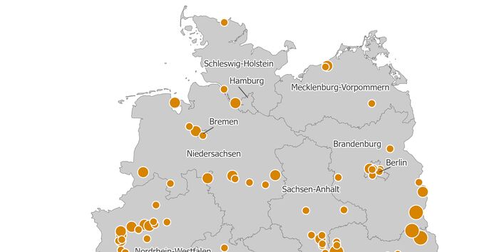 Die Karte zeigt die räumliche Verteilung der PRTR-berichtspflichtigen Wärmekraftwerke und anderen Verbrennungsanlagen unter Angabe der jeweiligen Kohlendioxid-Emissionsmengen in die Luft für das Berichtsjahr 2023.
