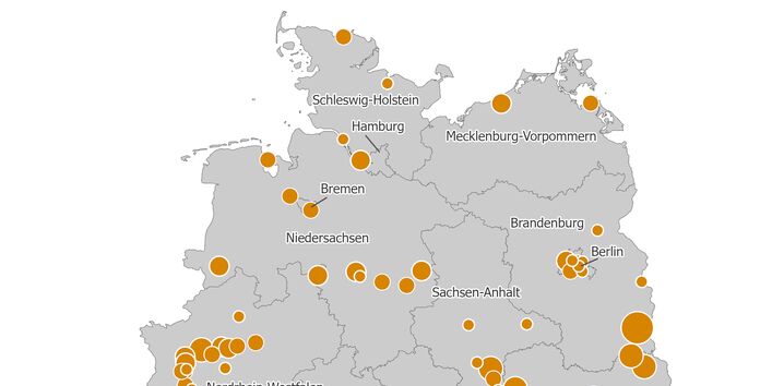 Die Karte zeigt die räumliche Verteilung der PRTR-berichtspflichtigen Wärmekraftwerke und anderen Verbrennungsanlagen unter Angabe der jeweiligen Stickstoffoxid-Emissionsmengen in die Luft für das Berichtsjahr 2023.