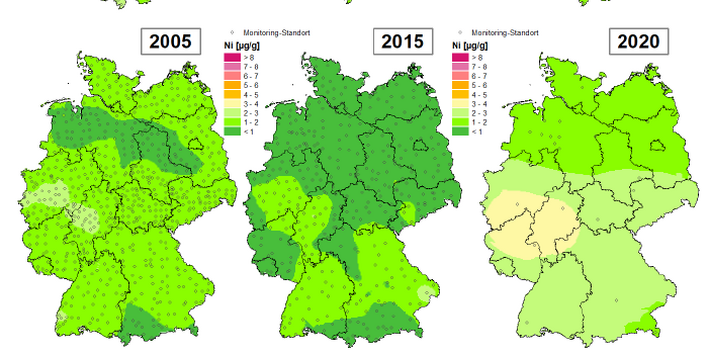 Die Karte zeigt die Höhe der Bioakkumulation von Nickel und Entwicklung dieser Konzentration von 1990 bis 2020/21 in Deutschland.
