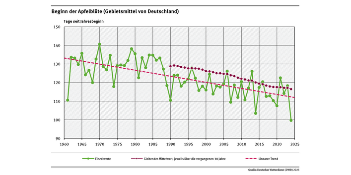Das Liniendiagramm zeigt den Zeitpunkt des Blühbeginns bei Apfel (Tage ab Jahresbeginn, Gebietsmittel für Deutschland) seit 1961. Der lineare Trend zeigt, dass sich der Zeitpunkt tendenziell in Richtung Jahresbeginn verschiebt.