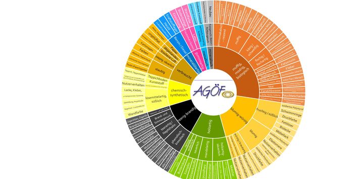 Kreisdiagramm mit drei Kreisen und zehn bunten Segmenten für die Basisgerüche Bildquelle: Sonja Pfeil, ARGUK-Umweltlabor GmbH