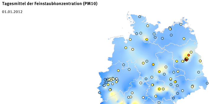Tagesmittel der Feinstaubkonzentration (PM10) - Neujahr 2012