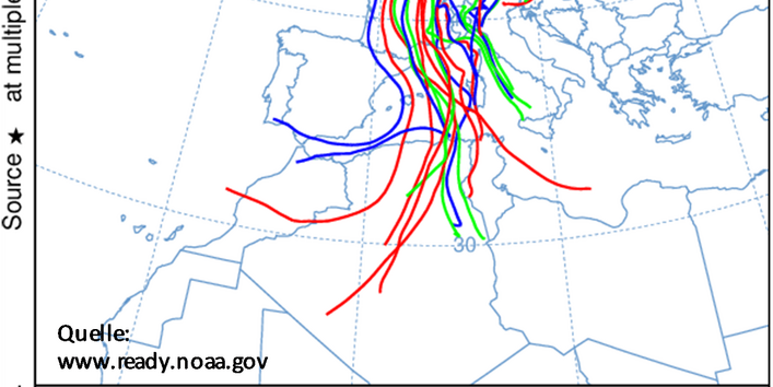 Alle Linien weisen auf eine Flugbahn über Frankreich und das Mittelmeer auf Nordafrika hin.