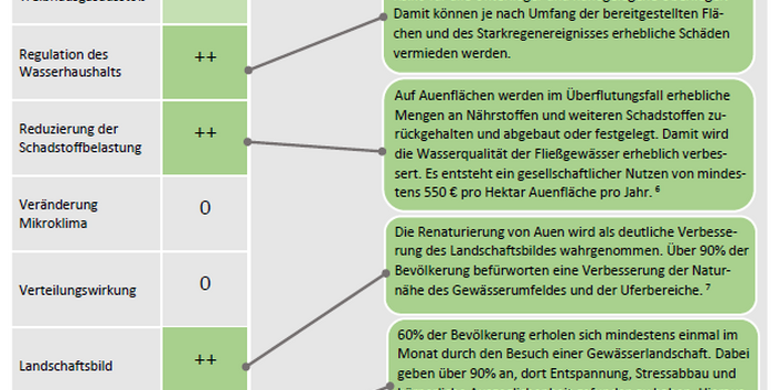 Die Maßnahme hat eine positive Wirkung auf die Reduzierung des Treibgasaustoßes und sogar eine stark positive Wirkung auf die Biodiversität, die Regulation des Wasserhaushalts, der Reduzierung der Schadstoffbelastung, das Landschaftsbild, den Erholungsnutzen der Landschaft und die Gesamtbilanz der Wohlfahrtseffekte.