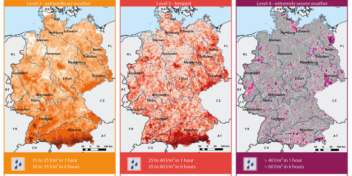 The chart consists of three heavy-rain maps for Germany regarding the following warning levels 2 – extraordinary weather, 3 – tempest, and 4 – extremely severe weather. The total hours of precipitation are shown for the period 2001 to 2022 when warning thresholds were exceeded. For level 2 this amounts to more than 15 litres per square metre in one hour and more than 20 litres in 6 hours; for level 3 the amount is more than 25 litres per square metre in one hour and more than 35 litres in 6 hours;