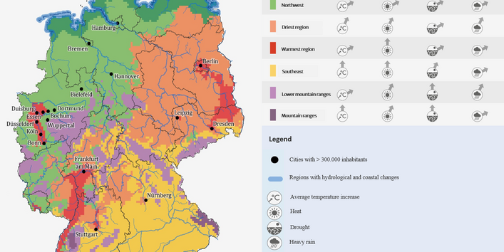 The map shows seven types of climate areas: coast, northwest, driest region, warmest region, southeast, low mountain ranges and mountains. In all area types, temperature, heat, drought and heavy rain increase, but to different degrees.