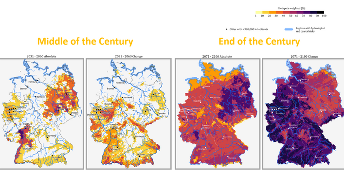 A map of Germany shows regions with many climate extremes in the future or with strong changes in climate parameters relative to today.