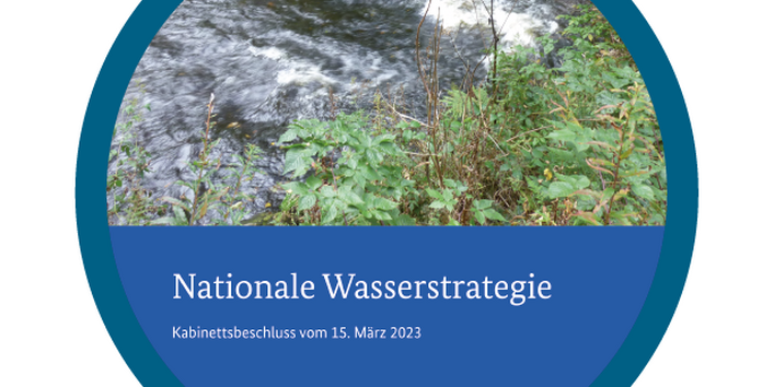 Das Bild zeigt das Titelblatt der Nationalen Wasserstrategie. Auf einem Foto ist das Ufer eines Bachs mit starker Strömung zu sehen. Darunter steht mit weißer Schrift auf dunkelblauem Untergrund der Schriftzug "Nationale Wasserstrategie - Kabinettsbeschluss vom 15. März 2023".