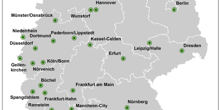 Die Deutschlandkarte zeigt den Stand der Umsetzung des Gesetzes zum Schutz gegen Fluglärm.