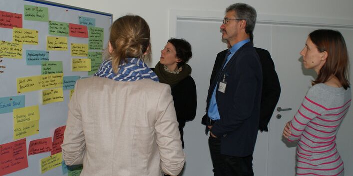 Teilnehmer stehen vor einem Flipchart und schauen auf farbige und beschriftete Moderationskarten.
