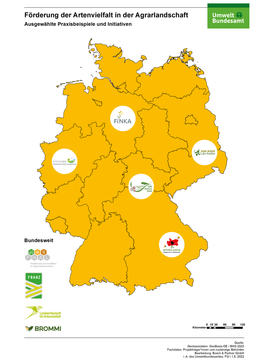 Die Grafik zeigt eine Karte von Deutschland, auf der die Logos von Artenschutzprojekten verankert sind, deren Ziel die Förderung der Biodiversität in Agrarlandschaften ist. Die Karte zeigt regional und deutschlandweit wirkende Projekte