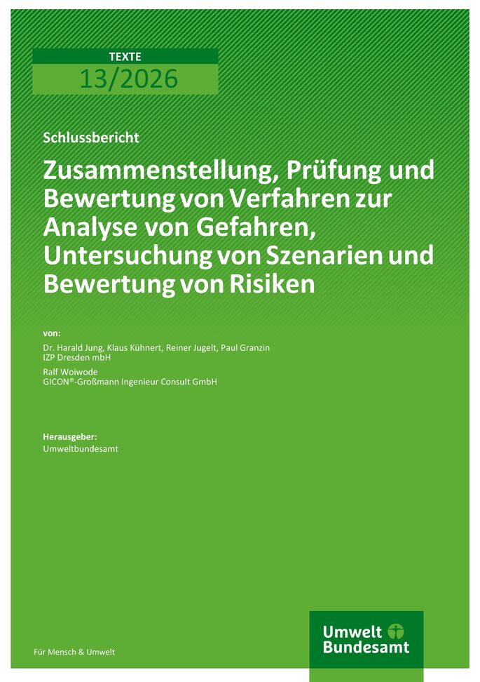 Cover des Berichts "Zusammenstellung, Prüfung und Bewertung von Verfahren zur Analyse von Gefahren, Untersuchung von Szenarien und Bewertung von Risiken"