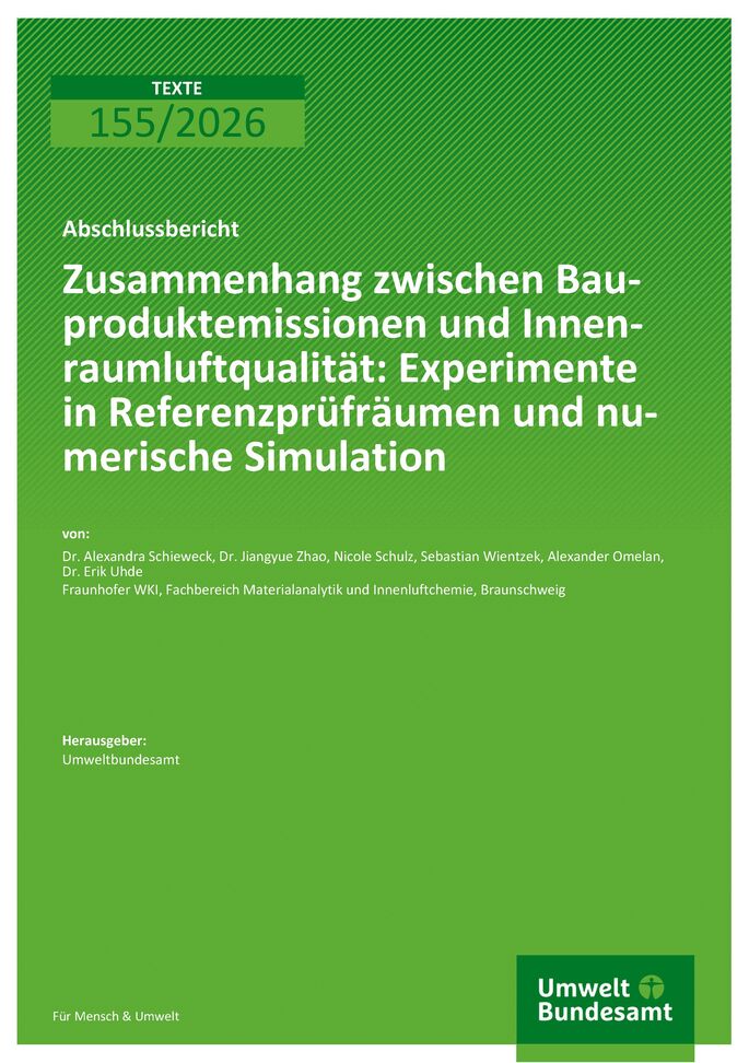 Cover des Berichts "Zusammenhang zwischen Bauproduktemissionen und Innenraumluftqualität: Experimente in Referenzprüfräumen und numerische Simulation"
