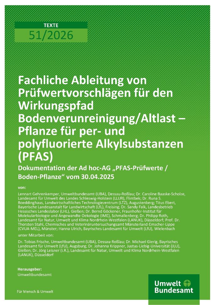 Cover zu Fachliche Ableitung von Prüfwerten für per- und polyfluorierte Alkylsubstanzen (PFAS) für den Wirkungspfad Boden-Mensch