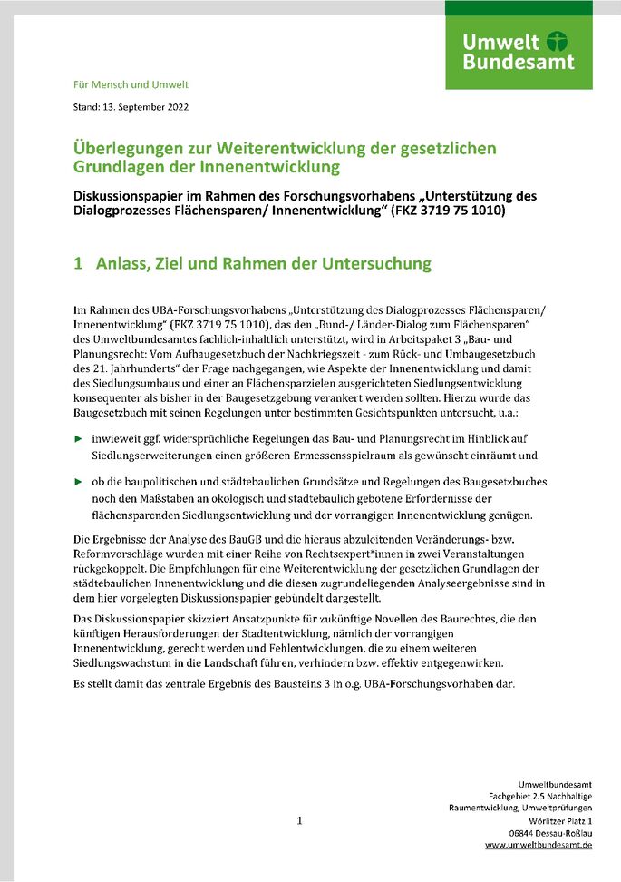 Cover zu Überlegungen zur Weiterentwicklung der gesetzlichen Grundlagen der Innenentwicklung