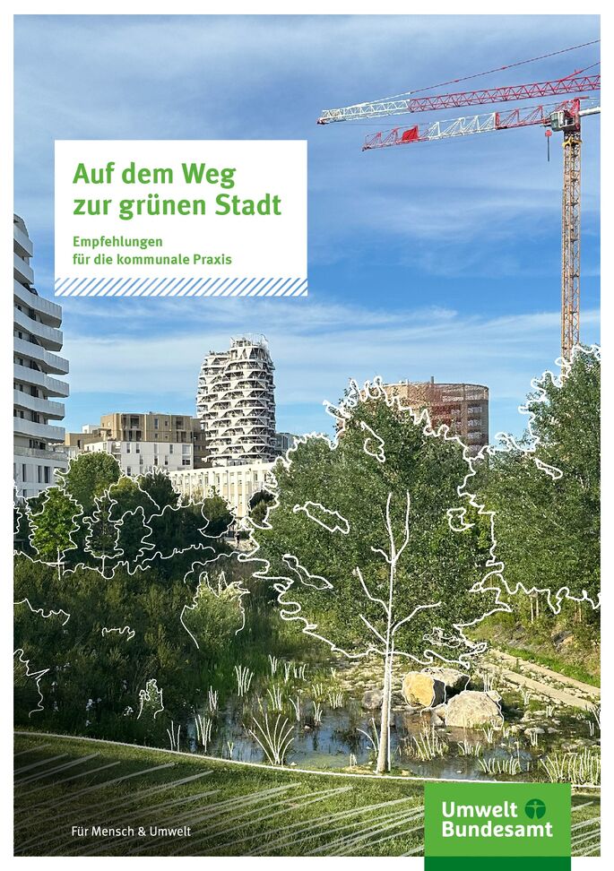 Grünfläche mit Wasserzugang in einer Stadt; Konturen weiß nachgezeichnet