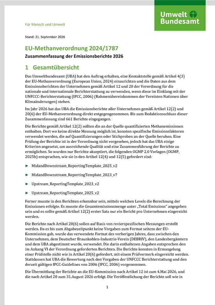 Cover des Factsheets "EU-Methanverordnung (Verordnung EU 2024/1787) - Zusammenfassung der Emissionsberichte 2026"