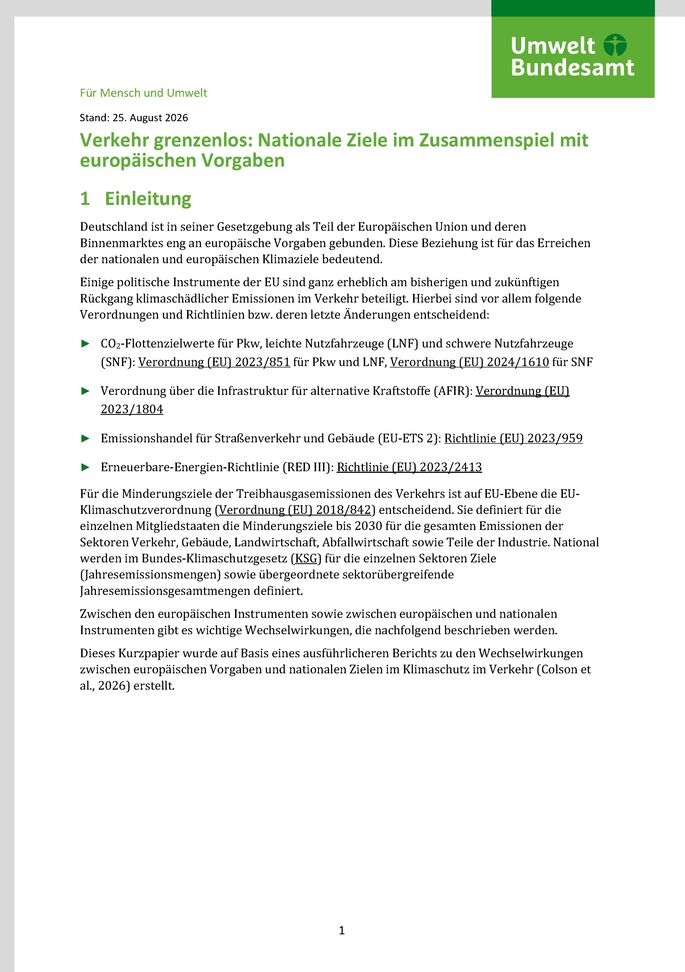 Cover des Factsheets "Verkehr grenzenlos: Nationale Ziele im Zusammenspiel mit europäischen Vorgaben"