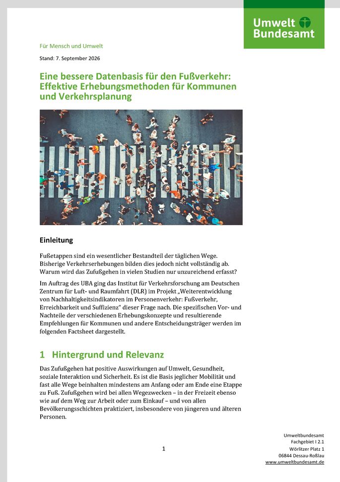 Cover des Factsheets "Eine bessere Datenbasis für den Fußverkehr"