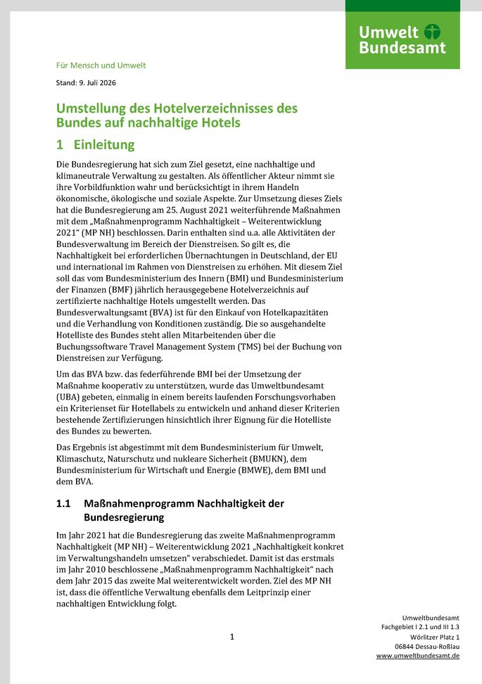 Cover des Factsheets "Umstellung des Hotelverzeichnisses des Bundes auf nachhaltige Hotels"