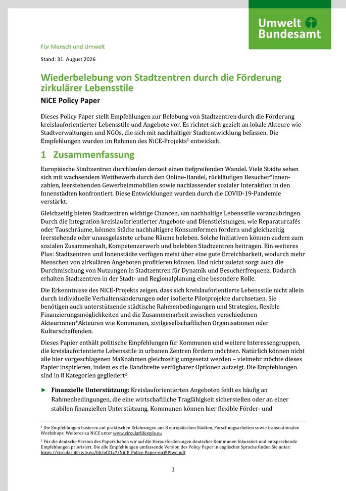 Cover des Factsheets "Wiederbelebung von Stadtzentren durch die Förderung zirkulärer Lebensstile"