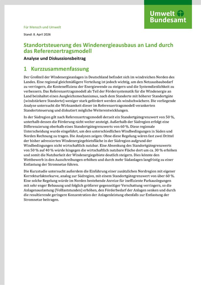 Cover des Berichts "Standortsteuerung des Windenergieausbaus an Land durch das Referenzertragsmodell"