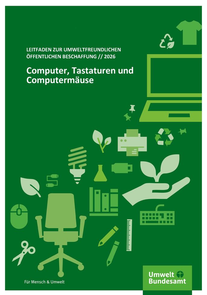 Grüne Titelseite mit Icons, u.a. Drucker, Energiesparlampe, Pflanze usw.