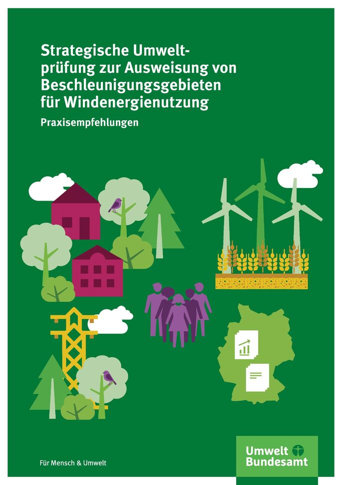 verschiedenfarbige Icons von Windrädern, Bäumen, Häusern usw. auf grünem Hintergrund