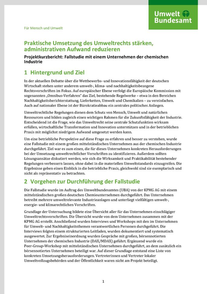 Cover des Factsheets "Praktische Umsetzung des Umweltrechts stärken, administrativen Aufwand reduzieren"