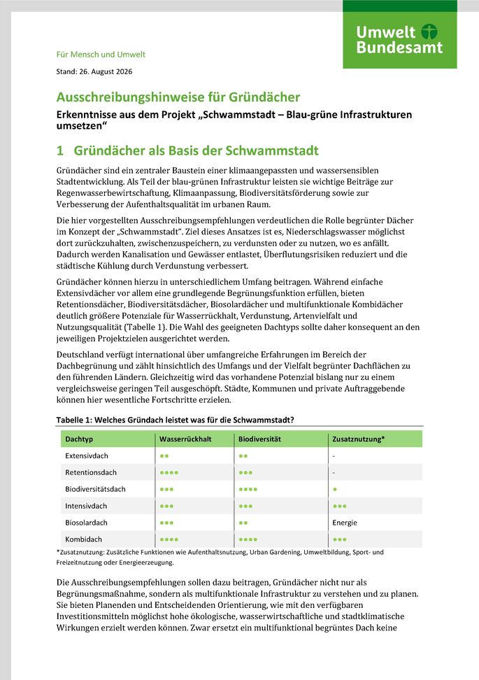 Cover des Factsheets "Ausschreibungshinweise für Gründächer"
