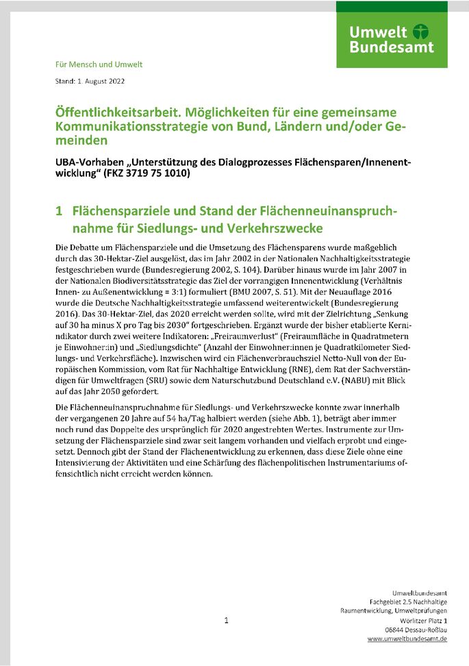 Cover zu Flächensparen: Möglichkeiten für eine gemeinsame Kommunikationsstrategie von Bund, Ländern und/oder Gemeinden