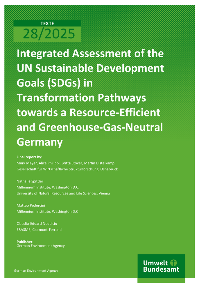 Cover of report "Integrated Assessment of the UN Sustainable Development Goals (SDGs) in Transformation Pathways towards a Resource-Efficient and Greenhouse-Gas-Neutral Germany"