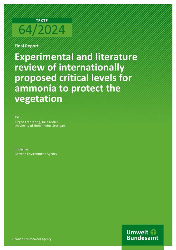 Cover des Berichts "Experimental and literature review of internationally proposed critical levels for ammonia to protect the vegetation"