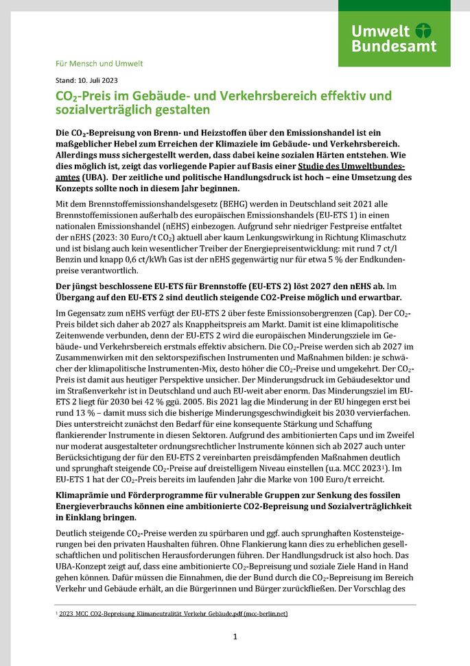 Cover des Factsheets "CO2-Preis im Gebäude- und Verkehrsbereich effektiv und sozialverträglich gestalten"