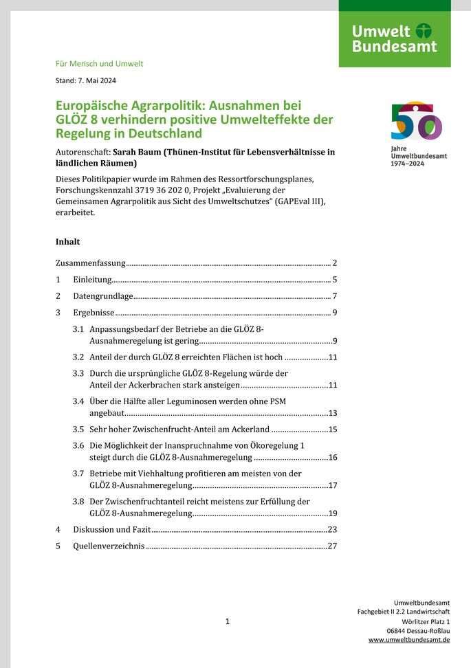 Cover des Factsheets "Europäische Agrarpolitik: Ausnahmen bei GLÖZ 8 verhindern positive Umwelteffekte der Regelung in Deutschland"
