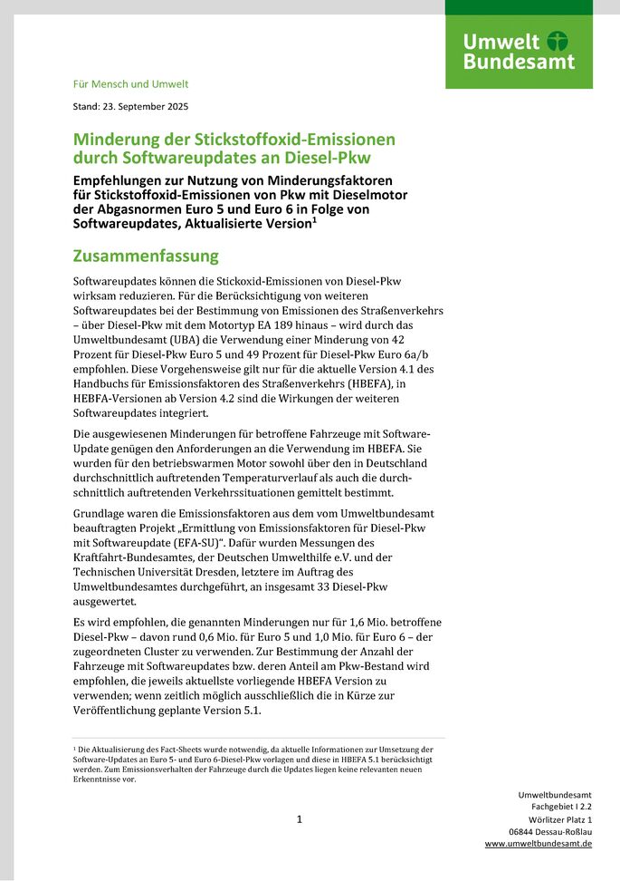 Cover des Factsheets "Minderung der Stickstoffoxid-Emissionen durch Softwareupdates an  Diesel-Pkw"
