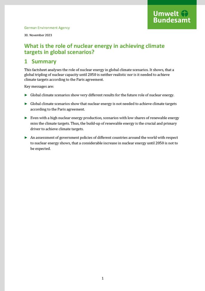 Cover des Factsheets "What is the role of nuclear energy in achieving climate targets in global scenarios?"
