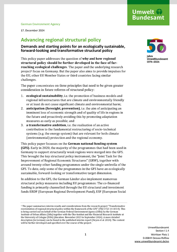 Cover des Factsheets "Advancing regional structural policy"