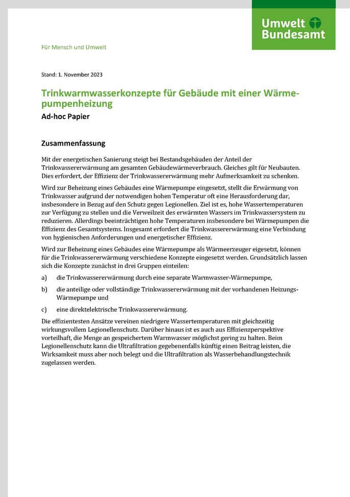Cover des Factsheets "Trinkwarmwasserkonzepte für Gebäude mit einer Wärmepumpenheizung"