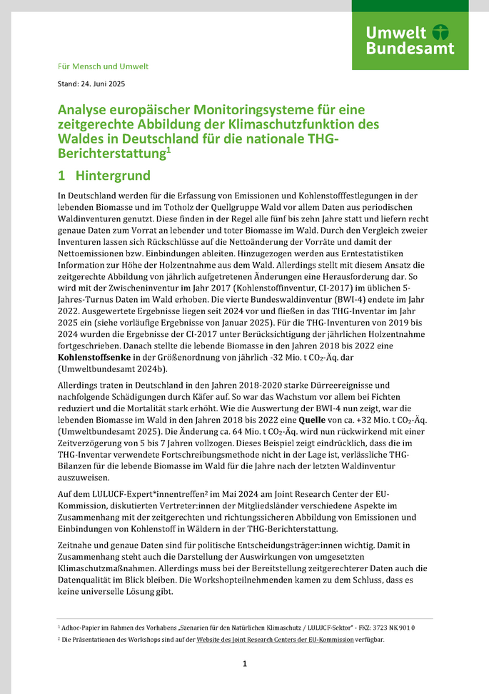 Cover des Factsheets "Analyse europäischer Monitoringsysteme für eine zeitgerechte Abbildung der Klimaschutzfunktion des Waldes in Deutschland für die nationale THG-Berichterstattung"