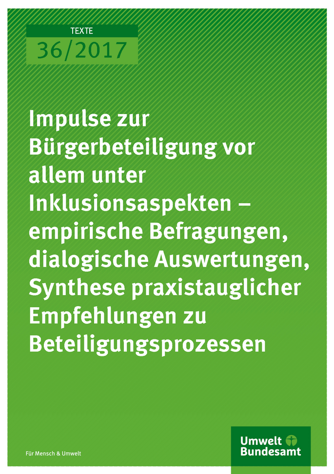Cover der Publikation Texte 36/2017 Impulse zur Bürgerbeteiligung vor allem unter Inklusionsaspekten – empirische Befragungen, dialogische Auswertungen, Synthese praxistauglicher Empfehlungen zu Beteiligungsprozessen