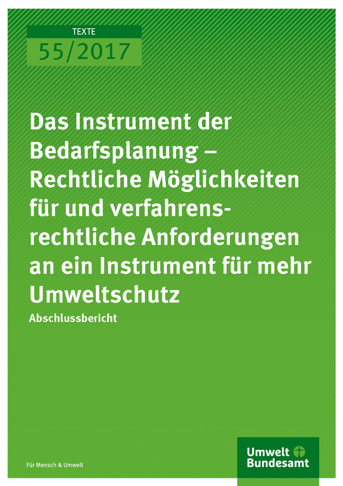 Titelseite der Publikation 55/2017 Das Instrument der Bedarfsplanung – Rechtliche Möglichkeiten für und verfahrensrechtliche Anforderungen an ein Instrument für mehr Umweltschutz