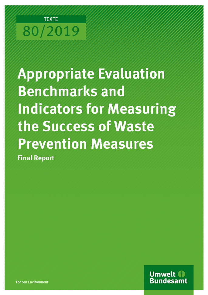 Cover of publication TEXTE 80/2019 Appropriate Evaluation Benchmarks and Indicators for Measuring the Success of Waste Prevention Measures