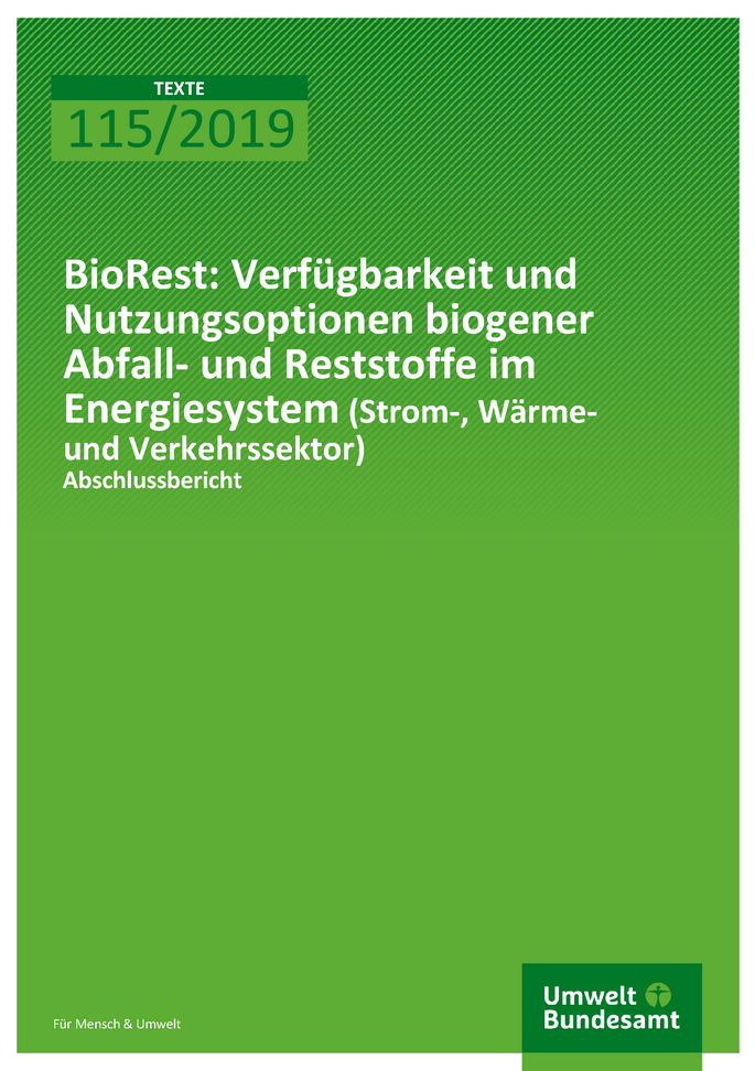 Cover der Publikation TEXTE 115/2019 BioRest : Verfügbarkeit und Nutzungsoptionen biogener Abfall- und Reststoffe im Energiesystem