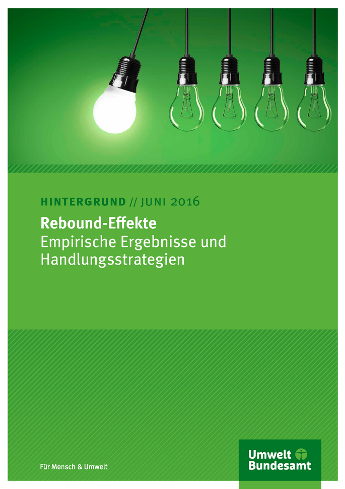 Cover des Hintergrundpapiers Rebound-Effekte: Empirische Ergebnisse und Handlungsstrategien" mit einem Bild einer leuchtenden Energiesparlampe, die an ihrer Fassung gegen eine Reihe ausgeschaltete Glühlampen schwingt